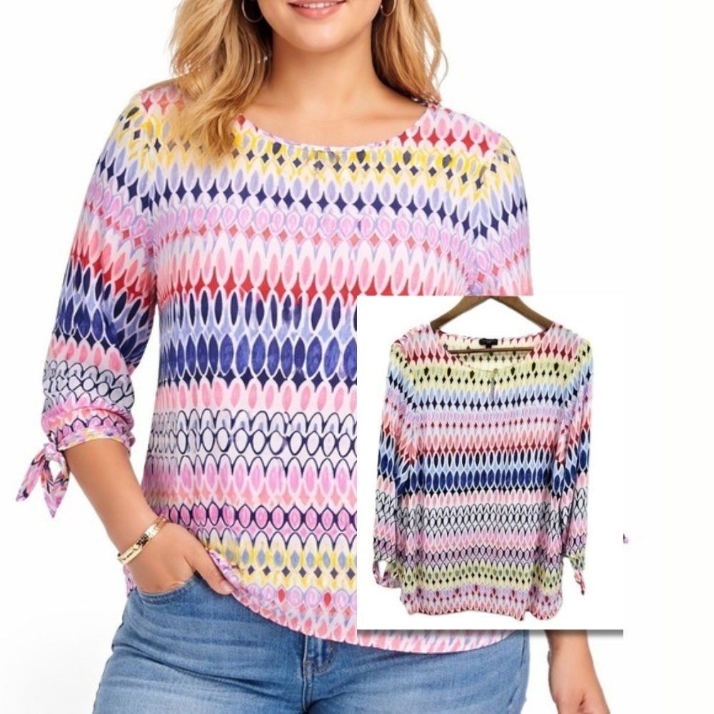 Talbots Blouse Geometric Rayon 3/4 Tie Sleeve Multicolor Petite XL